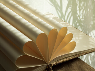 Book with blank pages next to a window with a white curtain and the shadow of a plant. The pages of the book are folded forming a floral design