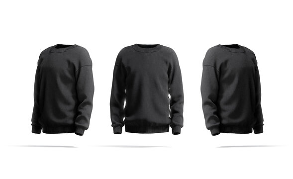 Blank black knitted sweater mockup, front and side view