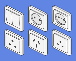 isometric power outlet switcher set vector flat illustration