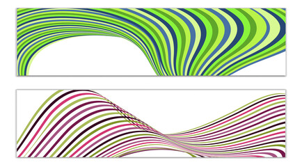 Wavy lines or ribbons. Set of 2 covers. Multicolored striped. Creative unusual background with abstract wave lines for creating a trendy banner, poster. vector eps
