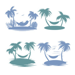 Island, hammock and palm trees. A woman is resting in a hammock. Vector silhouette. Set.