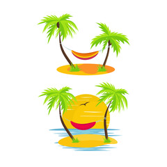 Seascape. Palm trees, hammock, sand, ocean. Vector set.