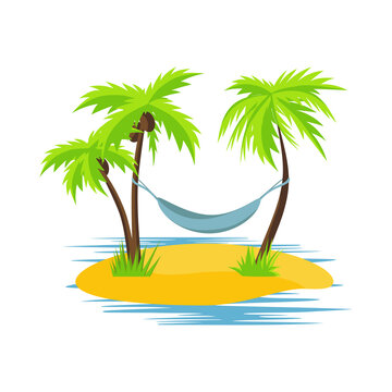 Hammock, palm trees and ocean. Seascape. Vector illustration.