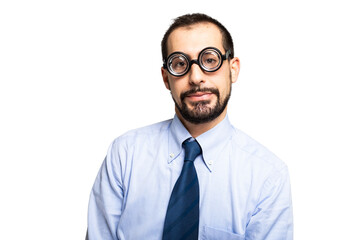Funny portrait of a nerd man isolated on white