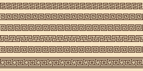 Greek key pattern, seamless borders collection. Decorative ancient meander, greece border ornament set with repeated geometric motif. Vector EPS10. - obrazy, fototapety, plakaty
