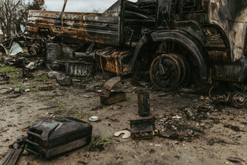 Fototapeta na wymiar Military equipment burned down on the roads of Ukraine