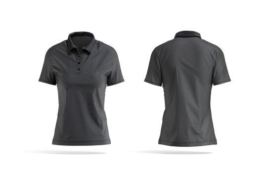 Blank black women polo shirt mockup, front and back view