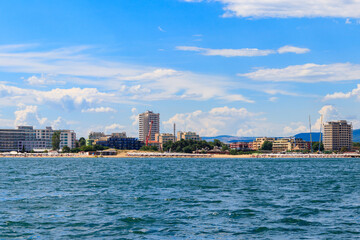 Obraz premium View of the Black sea and Sunny Beach resort in Bulgaria. View from a sea