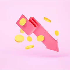 3d render chart arrow and flying coins. Red flexible falling down stock arrow icon. Financial crisis, downgrade, inflation concept. 3d render vector illustration