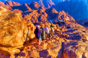 Tourists are going down the path of Jabal Musa or Mount Sinai in Egypt.