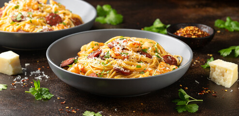 Prawn and chorizo pasta with cheese and herbs