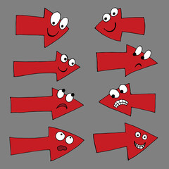 Set with arrows. Arrows with facial expressions. Arrows with eyes. Cartoon.