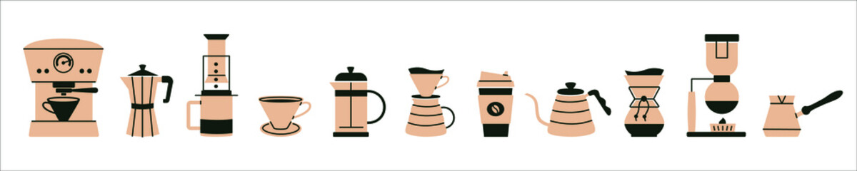 Alternative coffee brewing methods and tools cliparts. Set of coffee machine, hario, utensils, french press, moka, cup, kettle icon. Hand drawn isolated elements for cafe, menu, coffee shop