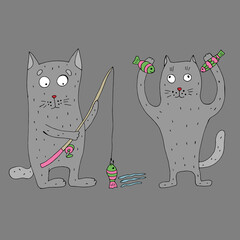 Gray cats fishing. Funny cat with a fishing rod in his hands catches fish. Vector illustration. Comics. Cartoon