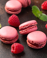 Homemade raspberry macarons, french sweet sandwich cookies