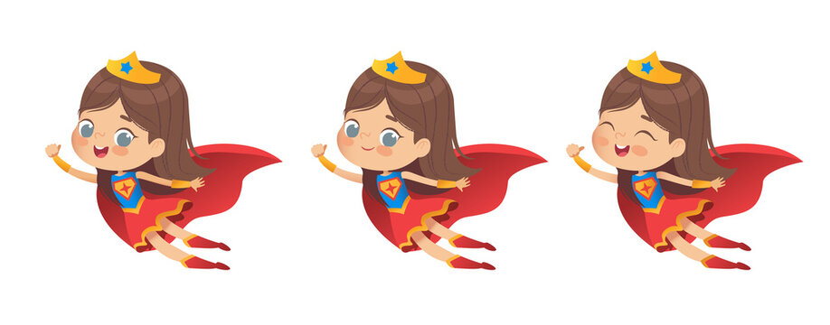 Flying Brown Hair Girl wearing colorful costumes of superheroe, isolated on white background. Cartoon vector characters of Kid Superheroes, for party, invitations, web, mascot