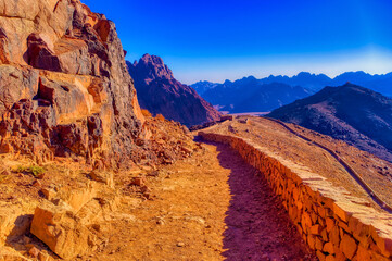 View over pilgrim path at Jabal Musa, or mountain Sinai in Egypt.