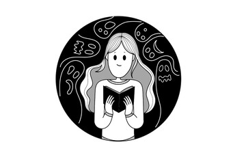 Cute girl is reading a scary book. Vector contour flat illustration in a circle.