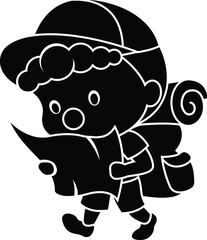 Black and White Cartoon Illustration Vector of a Boy Scout Walking with a Map and Backpack