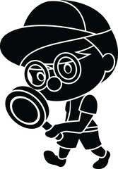 Black and White Cartoon Illustration Vector of a Boy Scout Walking with a Magnifying Glass