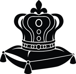 Black and White Cartoon Illustration Vector of the Royal Kings Crown on a Pillow