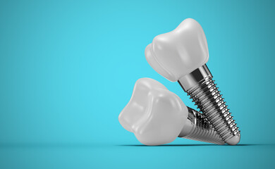 dental implants on a blue background. 3d rendering