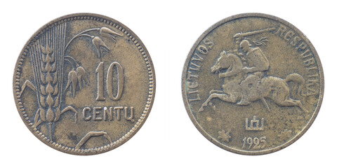 Old Lithuanian collection coin 10 ten cents 1925 invalid from copper alloy close-up isolated on...