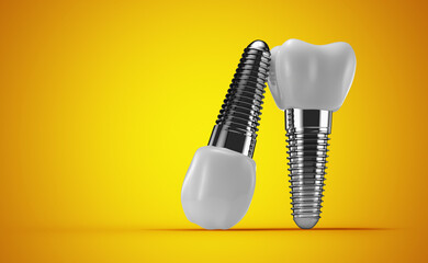 dental implants on a yellow background. 3d rendering