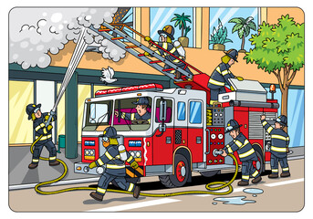 Firefighters near a fire truck extinguish the fire - 511929869
