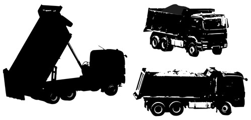 Set of dump truck silhouettes isolated on white background. Trucks with soil in the body and with a raised empty body. Vector illustration. © Svetlana
