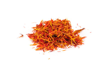 Dried saffron spice isolated on white background.