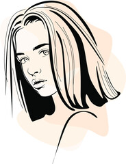 Vector drawing, graphic portrait of a beautiful girl. Facial expressions, people positive emotions, gentle lady. Hand drawing digital vector. Illustration.