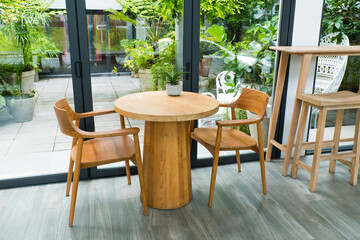 Empty Wooden Table and seat at restaurant,modern style.