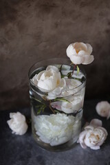 Beautiful creamy peonies in a large transparent vase filled with water. Flowers under water.