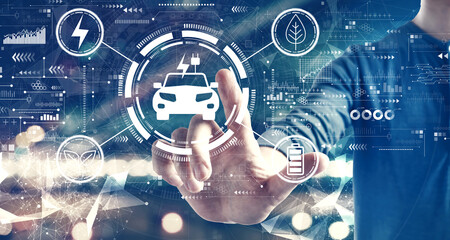 EV concept with a man on blurred city background