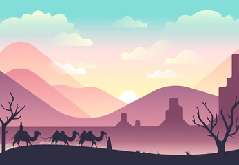 Vector illustration with desert and camels.