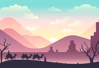 Naklejka premium Vector illustration with desert and camels.