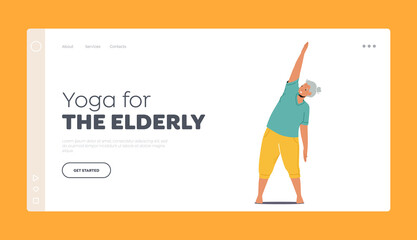 Yoga for Elderly Landing Page Template. Female Character Practice Aerobics or Fitness. Old Woman Healthy Lifestyle