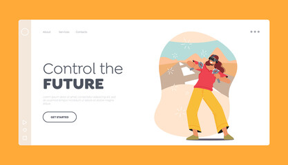 Virtual Reality Game Recreation Landing Page Template. Woman in Vr Headset Having Fun, Girl Driving Virtual Car © Anna Syvak
