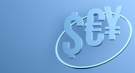 Euro dollar and metallic yen on a blue background in the ring. Bluish euro yen dollar symbols with place for text. 3D render.