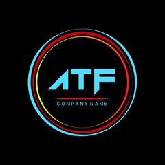 ATF ,A T F Alphabet Design With Creative Circles, ATF Letter Logo Design, ATF Letter Logo Design On Black background ,Letter ATF logo with colorful circle, letter combination logo design with ring - obrazy, fototapety, plakaty