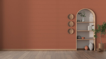 Interior design background concept idea in orange tones. Empty living room with plaster wall, parquet and wooden arched bookshelf. Vases, books and decor, potted plant