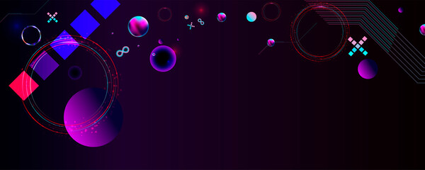Dark retro futuristic science and cyberpunk artwork neon abstract background cosmos new art 3d starry sky glowing galaxy and planets blue circles