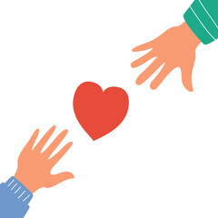 Human hands with hearts.Charity and donation.Give love.Hand drawn hands up.Hands doodle style.Voluntary and donation.Social help. Outline vector illustration. Isolated on white background.