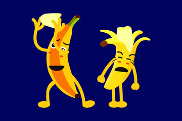 Banana cartoon design of two cute and unique characters. fun comic. doodle.