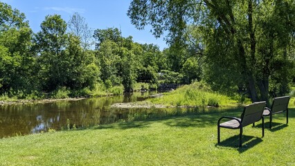 Summer by the creek, large trees, benches
