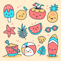 Hand drawn cute kawaii summer element collection