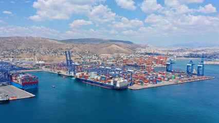 Aerial drone photo of logistics and container terminal of Perama near commercial port of Piraeus,...
