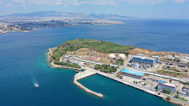 Aerial drone photo from island of Psitaleia the largest sewage treatment plant in Europe, Saronic gulf, Peiraeus, Attica, Greece
