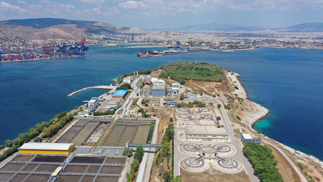 Aerial drone photo from island of Psitaleia the largest sewage treatment plant in Europe, Saronic gulf, Peiraeus, Attica, Greece
